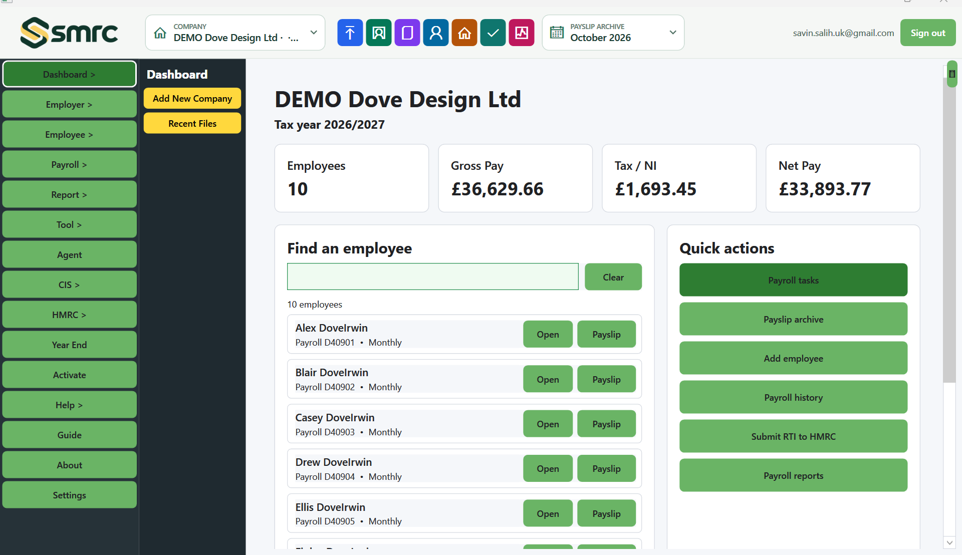 SMRC payroll dashboard showing a demo company, payroll totals, employee list and quick actions